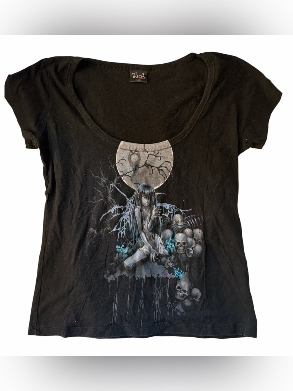 RARE Vintage Y2K Trick Fairies Skulls Graphic Black Baby Tee Hot Topic Goth